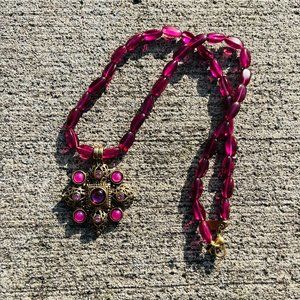 Gorgeous 1928 Pink and Purple Cabochon and Rhinestone Cross Pendant Necklace